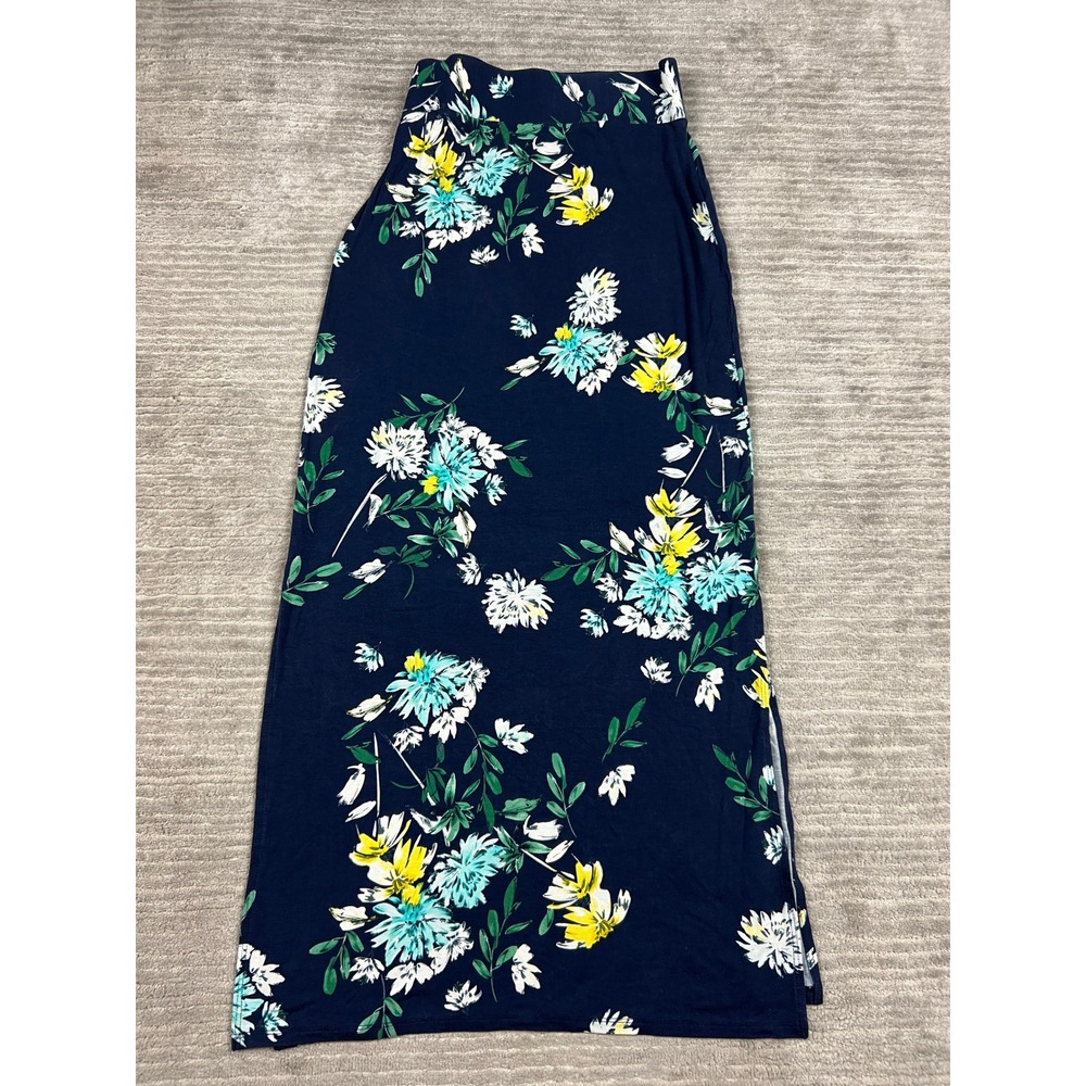 a.n.a‎ Maxi Skirt Womens XS Navy Blue Floral Print Side Slit Jersey Knit Stretch